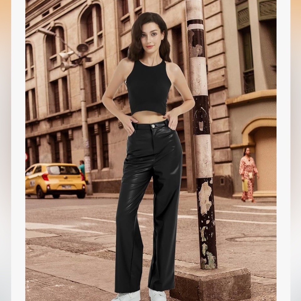 Women's Black High Waist Faux Leather Straight Leg Bell Bottom Flare pants sz XL